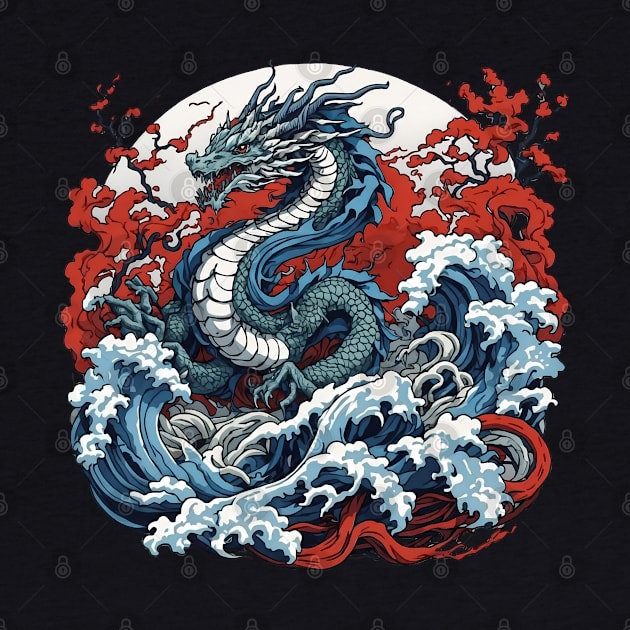 Dragon against the backdrop of a setting sun bathed in ocean waves by T-Shirt Paradise